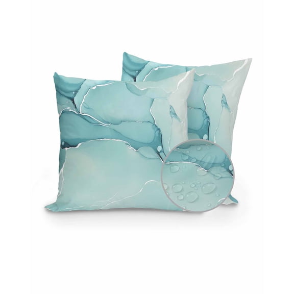 Outdoor Pillow Covers with Inserts,Turquoise Waterproof Decorative Throw Pillow Cases Set of 2,Modern Marble Ink Painting Abstract Art Soft Cousion Covers Protector for Patio Furniture Sofa 18"x18"