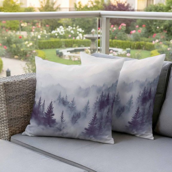 Outdoor Pillow Covers,Natural Misty Mountain Tree Forest Decorative Throw Pillow Cover Waterproof Pillowcase Set of 2,Linen Cushion Case for Sofa Couch Bed 16x16 Inch,Wild Hill Foggy Scenery