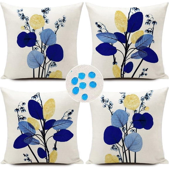 Outdoor Pillow Covers Navy Blue Leaves Waterproof Throw Pillows Case 18x18 inch Set of 4 Garden Patio Furniture for Home Sofa Decorative