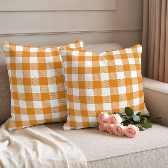 Outdoor Pillow Covers Orange and White Buffalo Checkered Waterproof Pillow Cases 18x18 Set of 2, Country Style Throw Pillow Cover Pillowcase for Patio Balcony Couch Garden
