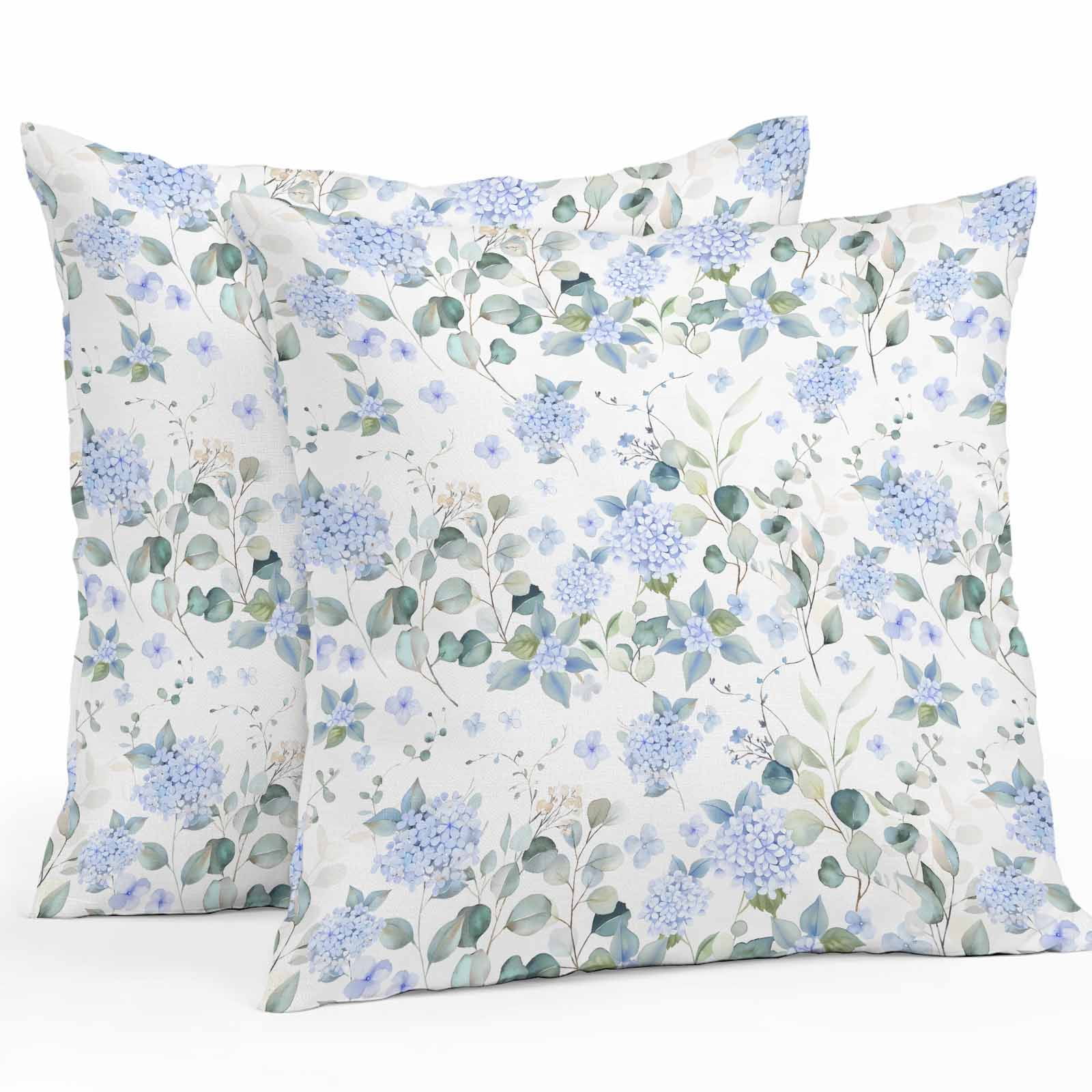 Outdoor Pillow Covers Pack of 2, Blue Hydrangea Flower Leaves on White Waterproof Throw Pillowcase Cushion Cases, Farmhouse Floral Decorative Pillow Cover for Couch Sofa Home Bed Patio