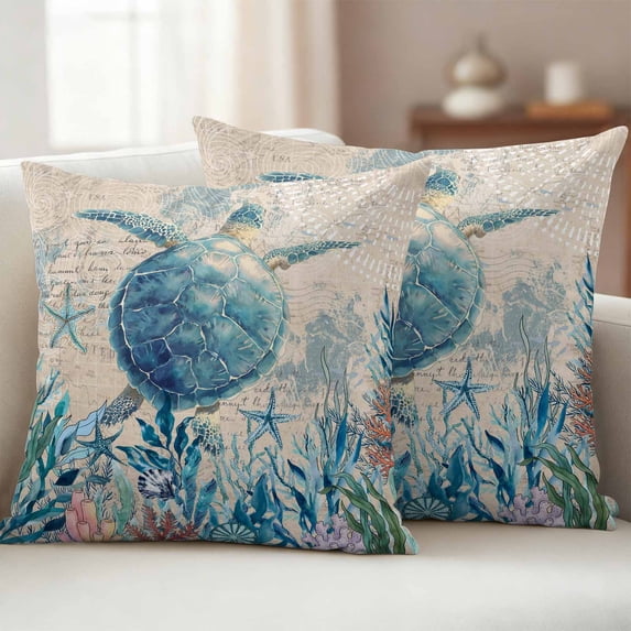 Outdoor Pillow Covers Pack of 2, Blue Turtle Coral Sea Anemone Waterproof Throw Pillowcase Cushion Cases, Starfish Vintage Letter Decorative Pillow Cover for Couch Sofa Home Bed Patio