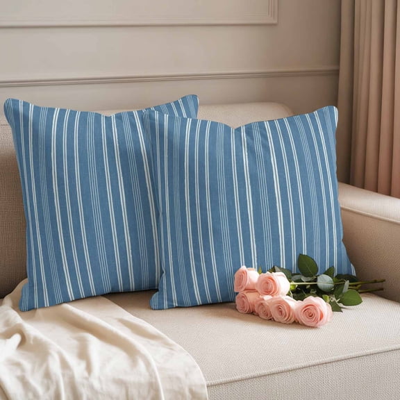 Outdoor Pillow Covers Pack of 2, Blue White Vertical Stripes Waterproof Throw Pillowcase Cushion Cases, Pinstripe Pattern Decorative Pillow Cover for Couch Sofa Home Bed Patio 16x16in