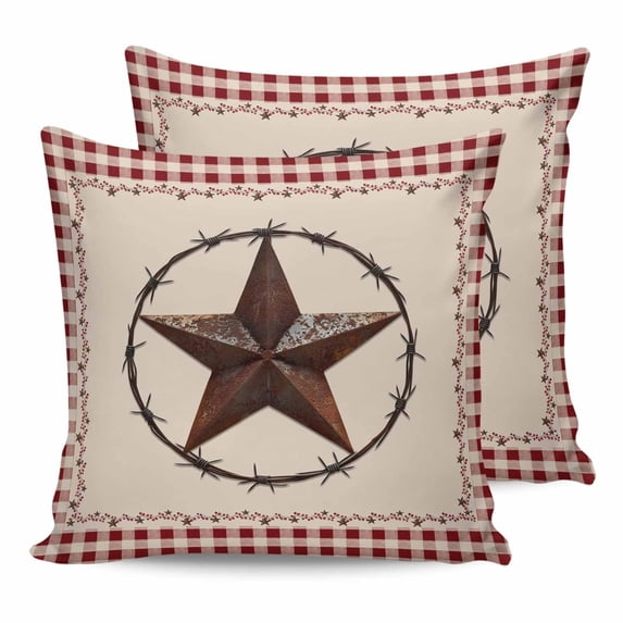 Outdoor Pillow Covers Pack of 2, Farm Western Star Berry on Beige Waterproof Throw Pillowcase Cushion Cases, Red Checkered Plaid Decorative Pillow Cover for Couch Sofa Home Bed Patio