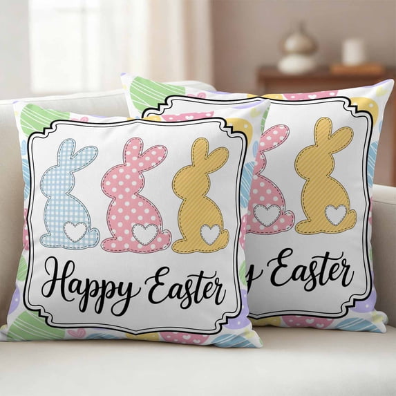 Outdoor Pillow Covers Pack of 2, Happy Easter Words Pink Blue Yellow Bunnies Waterproof Throw Pillowcase Cushion Cases, Eggs Rabbit Decorative Pillow Cover for Couch Sofa Home Bed Patio