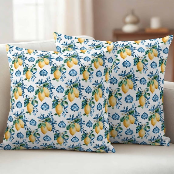 Outdoor Pillow Covers Pack of 2, Lemon Summer Flower Baroque Style Waterproof Throw Pillowcase Cushion Cases, Watercolor Floral Seamless Decorative Pillow Cover for Couch Sofa Home Bed Patio