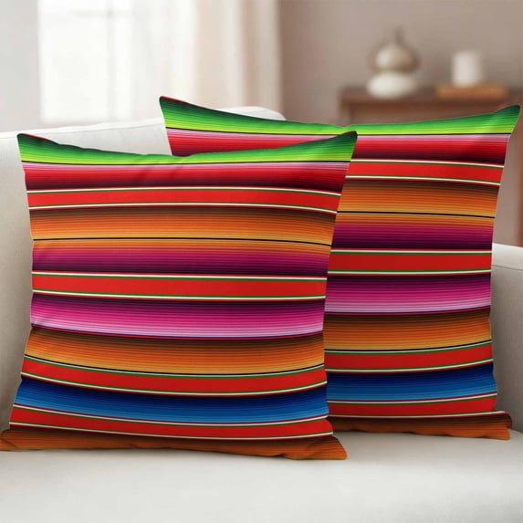 Outdoor Pillow Covers Pack of 2, Mexican Colorful Ombre Stripes Waterproof Throw Pillowcase Cushion Cases, Red Green Orange Blue Lines Decorative Pillow Cover for Couch Sofa Home Bed Patio