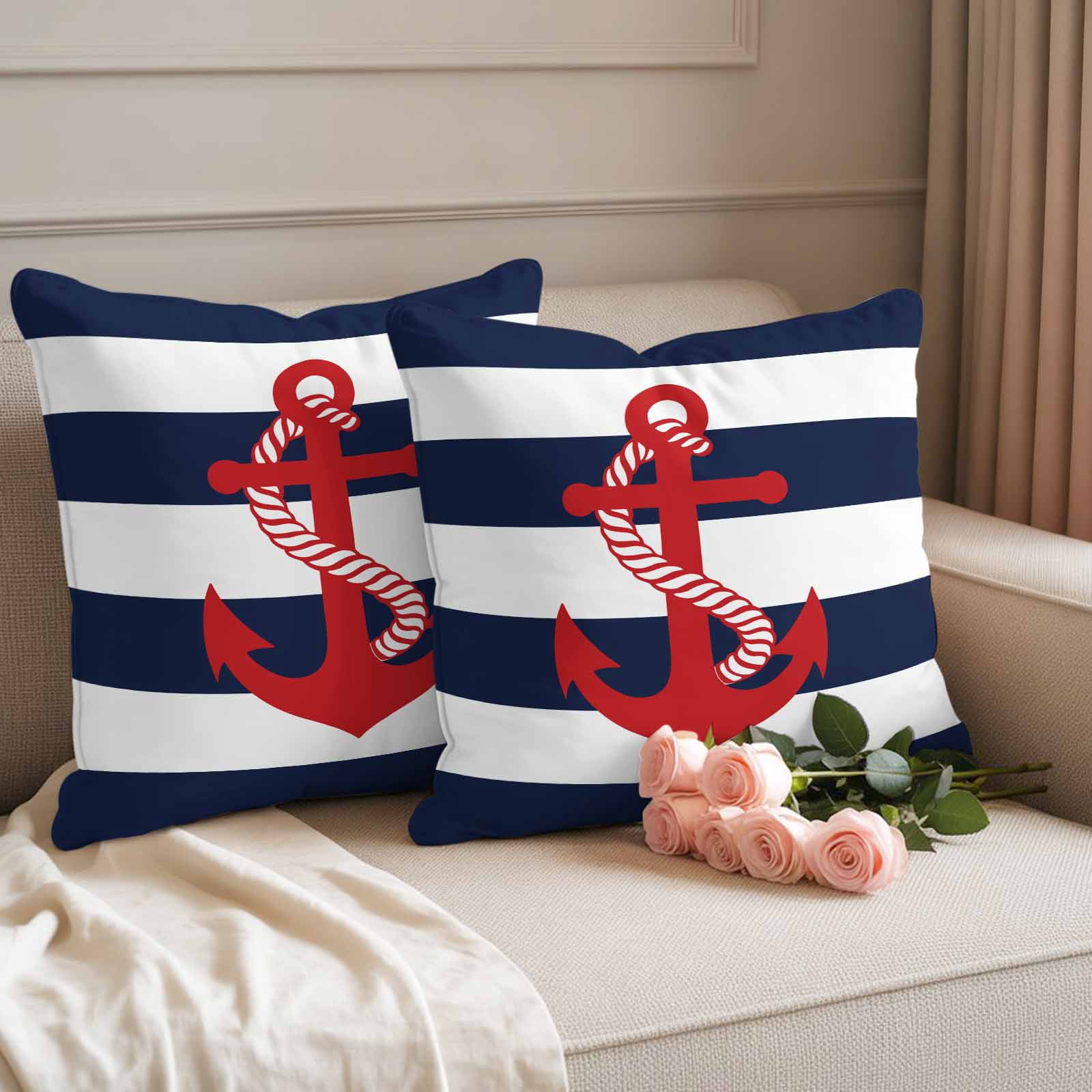 Outdoor Pillow Covers Pack of 2, Nautical Anchor Navy Blue Waterproof Throw Pillowcase Cushion Cases, Summer Ocean Coastal Style Decorative Pillow Cover for Couch Sofa Home Bed Patio