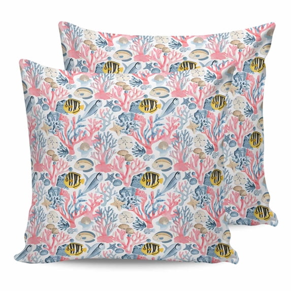Outdoor Pillow Covers Pack of 2, Ocean Pink Blue Coral Yellow Fish Waterproof Throw Pillowcase Cushion Cases, Summer Shell Starfish Decorative Pillow Cover for Couch Sofa Home Bed Patio