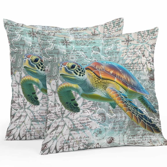 Outdoor Pillow Covers Pack of 2, Ocean Sea Turtle Nautical Map Waterproof Throw Pillowcase Cushion Cases, Underwater Marine Life Decorative Pillow Cover for Couch Sofa Home Bed Patio