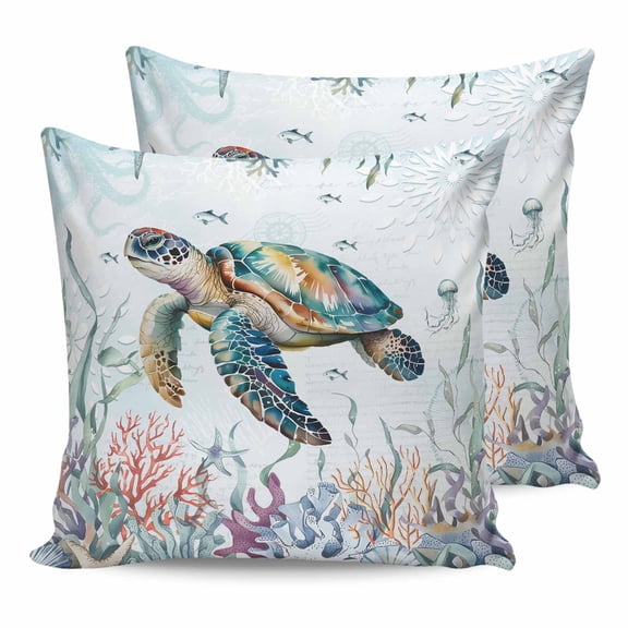 Outdoor Pillow Covers Pack of 2, Ocean Sea Turtle Starfish Coral Fish Waterproof Throw Pillowcase Cushion Cases, Underwater World Decorative Pillow Cover for Couch Sofa Home Bed Patio