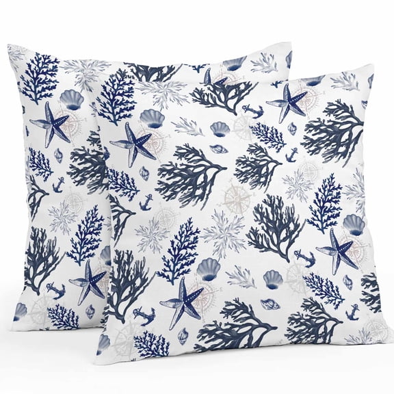 Outdoor Pillow Covers Pack of 2, Retro Dark Starfish Coral Shell on White Waterproof Throw Pillowcase Cushion Cases, Ocean Creature Decorative Pillow Cover for Couch Sofa Home Bed Patio