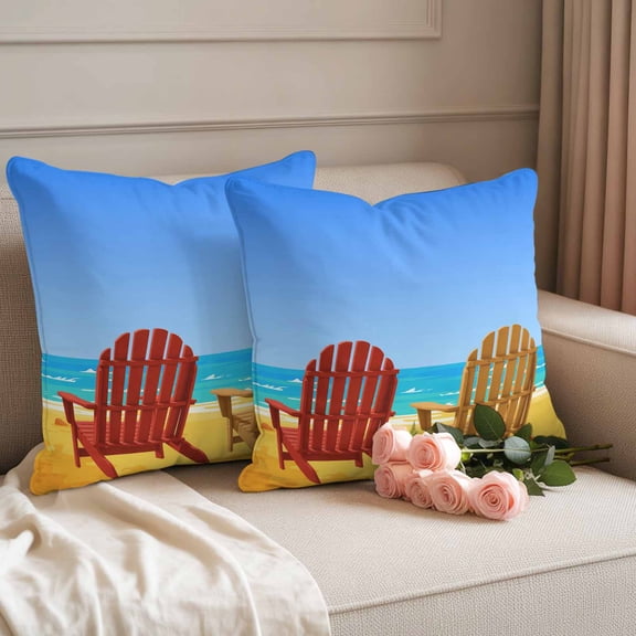 Outdoor Pillow Covers Pack of 2, Summer Beach Sandy Chairs Waterproof Throw Pillowcase Cushion Cases, Ocean Scene Blue Sky Decorative Pillow Cover for Couch Sofa Home Bed Patio