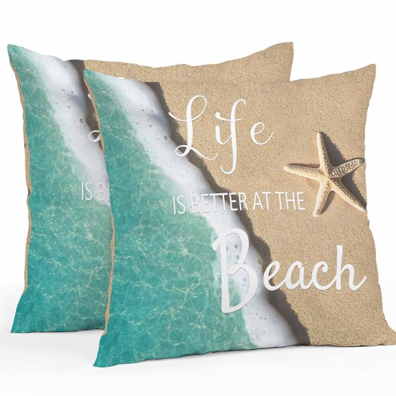 Outdoor Pillow Covers Pack of 2, Summer Beach Starfish Ocean Waterproof Throw Pillowcase Cushion Cases, White Texts Blue Coastal Decorative Pillow Cover for Couch Sofa Home Bed Patio