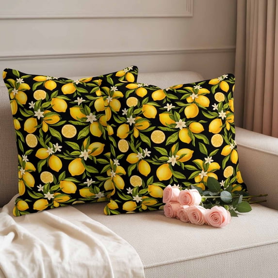 Outdoor Pillow Covers Pack of 2, Summer Lemon Flower Waterproof Throw Pillowcase Cushion Cases, Plant on Black Decorative Pillow Cover for Couch Sofa Home Bed Patio