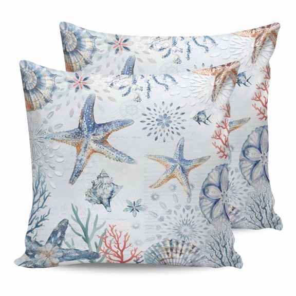 Outdoor Pillow Covers Pack of 2, Summer Ocean Starfish Coral Shell Waterproof Throw Pillowcase Cushion Cases, Retro Blue Letter Decorative Pillow Cover for Couch Sofa Home Bed Patio