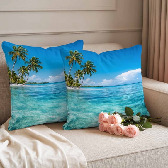 Outdoor Pillow Covers Pack of 2, Summer Teal Sea Water Palm Trees Waterproof Throw Pillowcase Cushion Cases, Seaside Ocean Cloud Decorative Pillow Cover for Couch Sofa Home Bed Patio