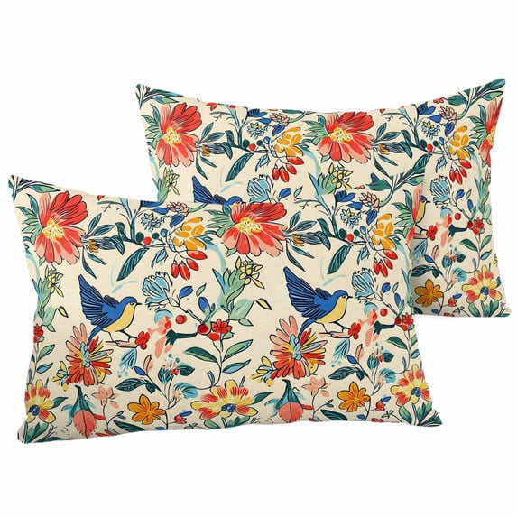Outdoor Pillow Covers Pack of 2, Watercolor Flower Blue Bird on Retro Waterproof Throw Pillowcase Cushion Cases, Boho Floral Leaves Decorative Pillow Cover for Couch Sofa Home Bed Patio