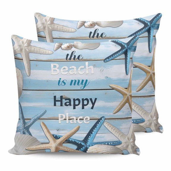 Outdoor Pillow Covers Pack of 2, Watercolor Ocean Starfish Shell on Wood Barn Waterproof Throw Pillowcase Cushion Cases, Happy Beach Decorative Pillow Cover for Couch Sofa Home Bed Patio