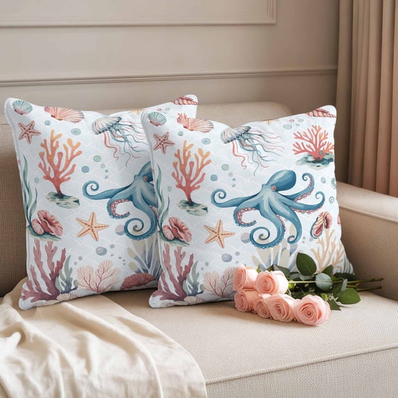 Outdoor Pillow Covers Pack of 2, Watercolor Oxygen Coral Shell Waterproof Throw Pillowcase Cushion Cases, Marine Life Seamitter Decorative Pillow Cover for Couch Sofa Home Bed Patio