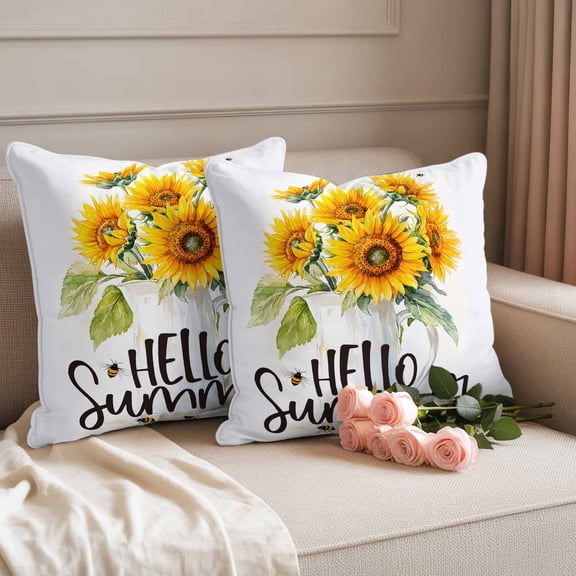 Outdoor Pillow Covers Pack of 2, Watercolor Sunflower Bee Floral Waterproof Throw Pillowcase Cushion Cases, Hello Summer Quotes Decorative Pillow Cover for Couch Sofa Home Bed Patio