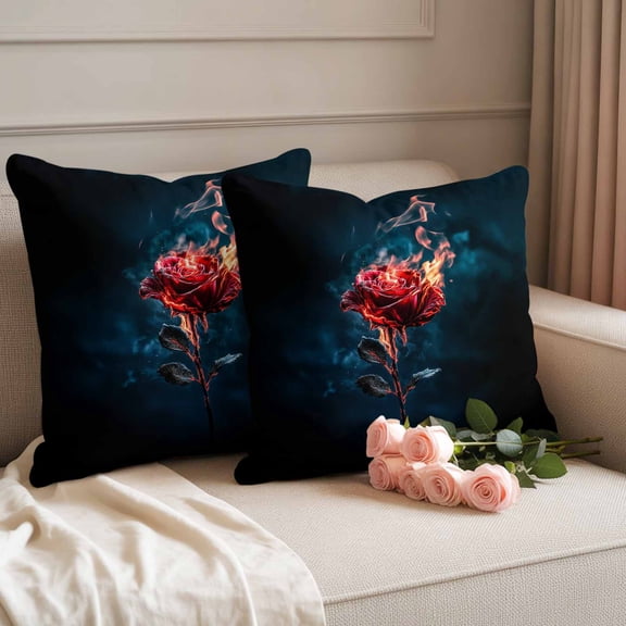 Outdoor Pillow Covers Red Rose Burn Fire on Black Waterproof Pillow Cases 18x18 Set of 2, Vintage Flower Art Throw Pillow Cover Pillowcase for Patio Balcony Couch Garden