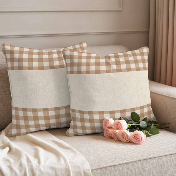 Outdoor Pillow Covers Retro Brown Buffalo Check Waterproof Pillow Cases 18x18 Set of 2, Geometric Lattice Linen Texture Throw Pillow Cover Pillowcase for Patio Balcony Couch Garden