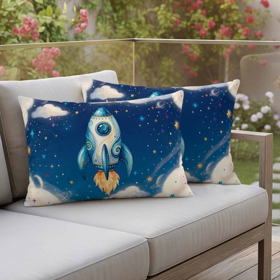 Outdoor Pillow Covers Rocket Galaxy Dream Sky Waterproof Pillow Cases 20x12 Set of 2, Stars Moon Planet Throw Pillow Cover Pillowcase for Patio Balcony Couch Garden