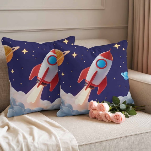 Outdoor Pillow Covers Rocket Space Universe Planet Waterproof Pillow Cases 16x16 Set of 2, Night Star Cartoon Style Throw Pillow Cover Pillowcase for Patio Balcony Couch Garden