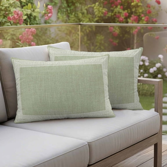 Outdoor Pillow Covers Sage Green Linen Burlap Key Decorative Throw Pillow Covers, Abstract Greek Inspired Texture Throw Cushion Case with Zipper for Patio,Couch,Sofa,Garden 20x12in Set of 2