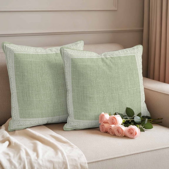 Outdoor Pillow Covers Sage Green Linen Burlap Key Waterproof Pillow Cases 18x18 Set of 2, Abstract Greek Inspired Texture Throw Pillow Cover Pillowcase for Patio Balcony Couch Garden