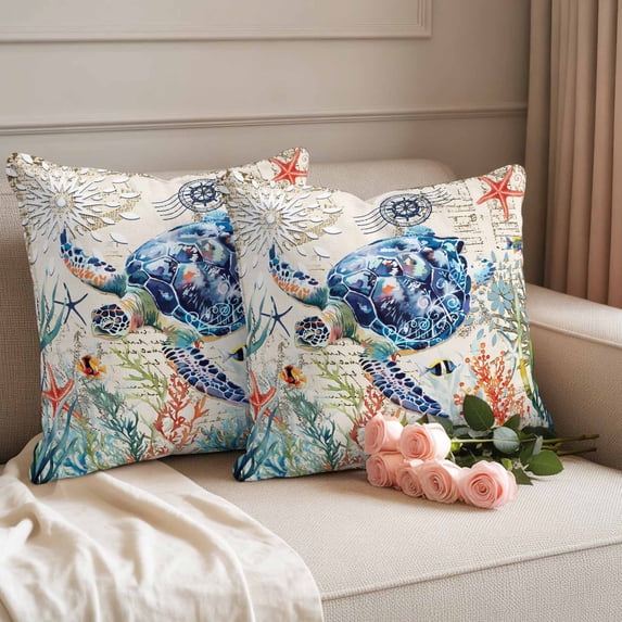 Outdoor Pillow Covers Sea Turtle Colorful Coral Starfish Waterproof Pillow Cases 16x16 Set of 2, Vintage Letter Throw Pillow Cover Pillowcase for Patio Balcony Couch Garden