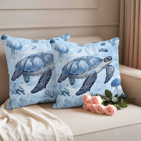 Outdoor Pillow Covers Sea Turtle Jellyfish Blue Ocean Waterproof Pillow Cases 18x18 Set of 2, Coral Marine Life Throw Pillow Cover Pillowcase for Patio Balcony Couch Garden