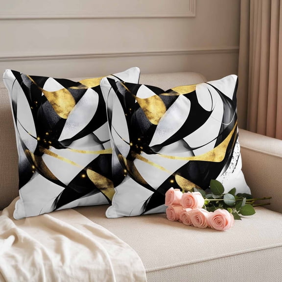 Outdoor Pillow Covers Set of 2, Abstract Black Gold White Lines Art Decorative Throw Pillow Covers 16X16IN, Modern Geometric Pattern Throw Pillows Protector Cushion Case for Patio,Couch,Sofa,Garden