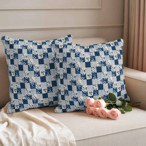 Outdoor Pillow Covers Set of 2, Abstract Checkered Wild Flower Decorative Throw Pillow Covers 16X16IN, Retro White Blue Plaid Throw Pillows Protector Cushion Case for Patio,Couch,Sofa,Garden