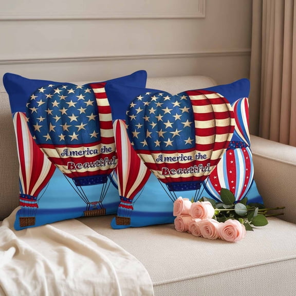 Outdoor Pillow Covers Set of 2, Blue Beautiful America Words Decorative Throw Pillow Covers 16X16IN, USA Flag Hot Air Balloon Throw Pillows Protector Cushion Case for Patio,Couch,Sofa,Garden