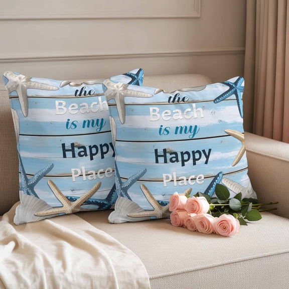 Outdoor Pillow Covers Set of 2, Coastal Ocean Starfish Shell on Blue Wood Decorative Throw Pillow Covers 16X16IN, Summer Beach Theme Throw Pillows Protector Cushion Case for Patio,Couch,Sofa,Garden