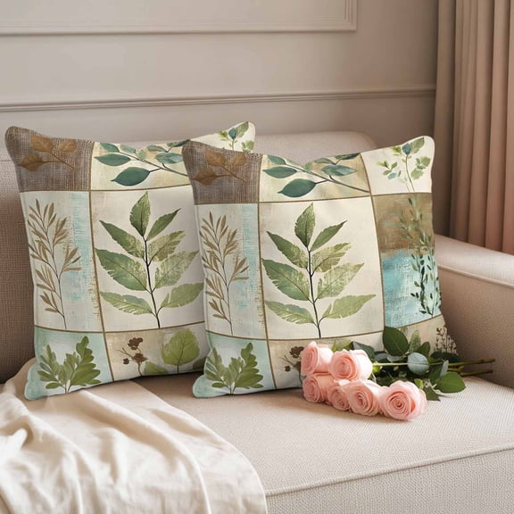 Outdoor Pillow Covers Set of 2, Country Leaves Watercolor Herb Decorative Throw Pillow Covers 16X16IN, Vintage Linen Texture Throw Pillows Protector Cushion Case for Patio,Couch,Sofa,Garden