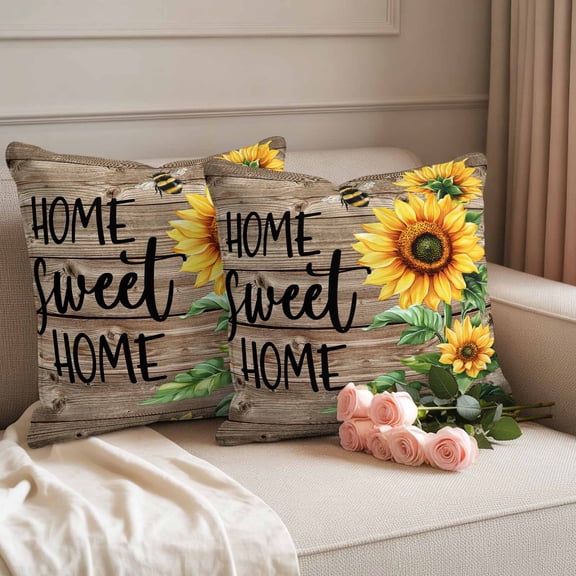 Outdoor Pillow Covers Set of 2, Country Sunflower Bee Green Leaves Decorative Throw Pillow Covers 16X16IN, Farm Retro Wood Board Throw Pillows Protector Cushion Case for Patio,Couch,Sofa,Garden