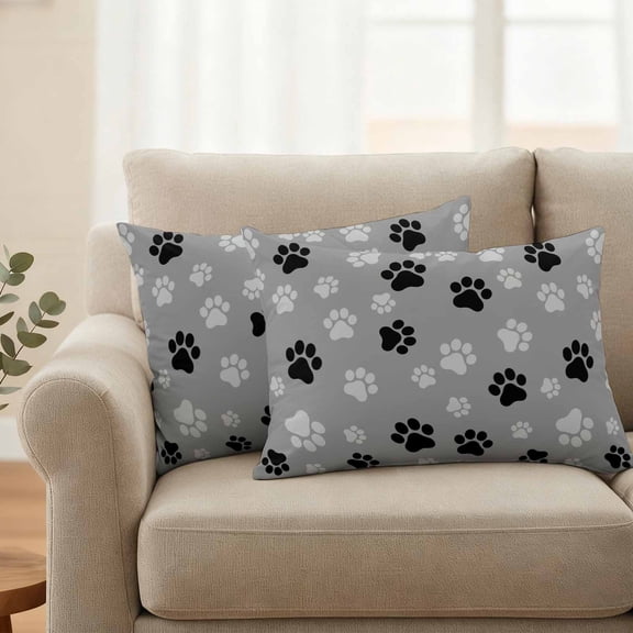 Outdoor Pillow Covers Set of 2, Dog Paw Print Black Gray Decorative Throw Pillow Covers 20X12IN, Animal Footprint Pattern Throw Pillows Protector Cushion Case for Patio,Couch,Sofa,Garden