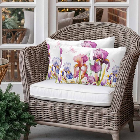 Outdoor Pillow Covers Set of 2, Easter Day Watercolor Iris Flower Decorative Throw Pillow Covers 20X12IN, Floral Dragonfly on White Throw Pillows Protector Cushion Case for Patio,Couch,Sofa,Garden