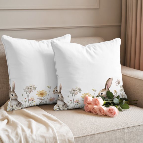 Outdoor Pillow Covers Set of 2, Easter Rabbits Flowers Decorative Throw Pillow Covers 16X16IN, Retro Pastoral Throw Pillows Protector Cushion Case for Patio,Couch,Sofa,Garden
