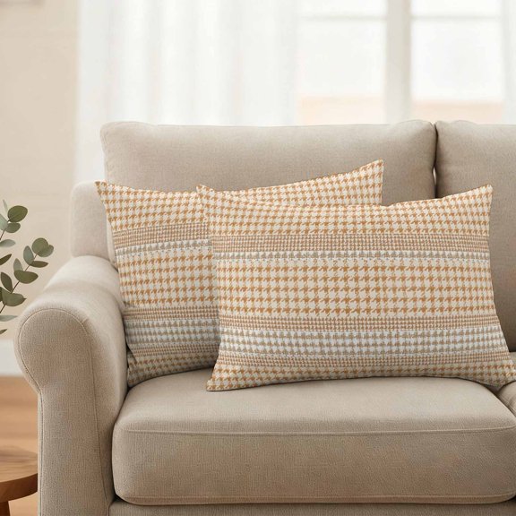 Outdoor Pillow Covers Set of 2, Farm Lattice Houndstooth Pattern Decorative Throw Pillow Covers 20X12IN, Rustic Beige Khaki Plaid Throw Pillows Protector Cushion Case for Patio,Couch,Sofa,Garden