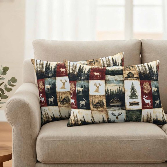 Outdoor Pillow Covers Set of 2, Farmhouse Retro Deer Tree Decorative Throw Pillow Covers 20X12IN, Vintage Forest Animal Tree Throw Pillows Protector Cushion Case for Patio,Couch,Sofa,Garden