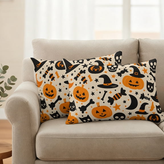Outdoor Pillow Covers Set of 2, Halloween Pumpkins Candy Pattern Decorative Throw Pillow Covers 20X12IN, Witch Hats on Retro Linen Throw Pillows Protector Cushion Case for Patio,Couch,Sofa,Garden