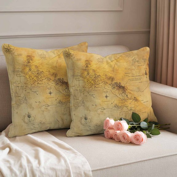 Outdoor Pillow Covers Set of 2, Medieval Earth Map on Retro Decorative Throw Pillow Covers 16X16IN, Modern Abstract Mountain Throw Pillows Protector Cushion Case for Patio,Couch,Sofa,Garden