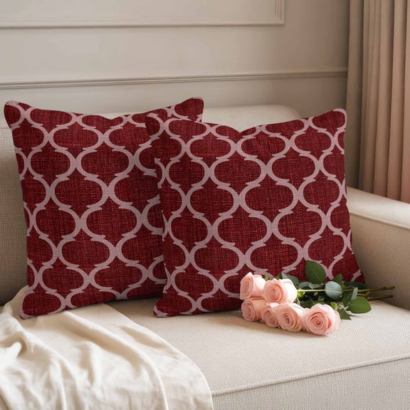 Outdoor Pillow Covers Set of 2, Moroccan Red Geometric Lattice Decorative Throw Pillow Covers 16X16IN, Retro Medieval Pattern Throw Pillows Protector Cushion Case for Patio,Couch,Sofa,Garden