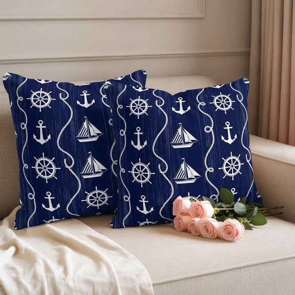Outdoor Pillow Covers Set of 2, Nautical Anchor Sailboat Decorative Throw Pillow Covers 18X18IN, Deep Navy Blue Background Throw Pillows Protector Cushion Case for Patio,Couch,Sofa,Garden