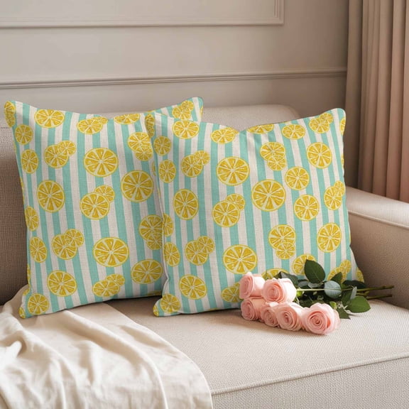Outdoor Pillow Covers Set of 2, Retro Farm Summer Lemons Decorative Throw Pillow Covers 18X18IN, Teal Stripes Throw Pillows Protector Cushion Case for Patio,Couch,Sofa,Garden