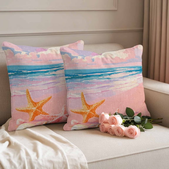 Outdoor Pillow Covers Set of 2, Romantic Pink Beach Sunset Decorative Throw Pillow Covers 16X16IN, Starfish Shell Throw Pillows Protector Cushion Case for Patio,Couch,Sofa,Garden